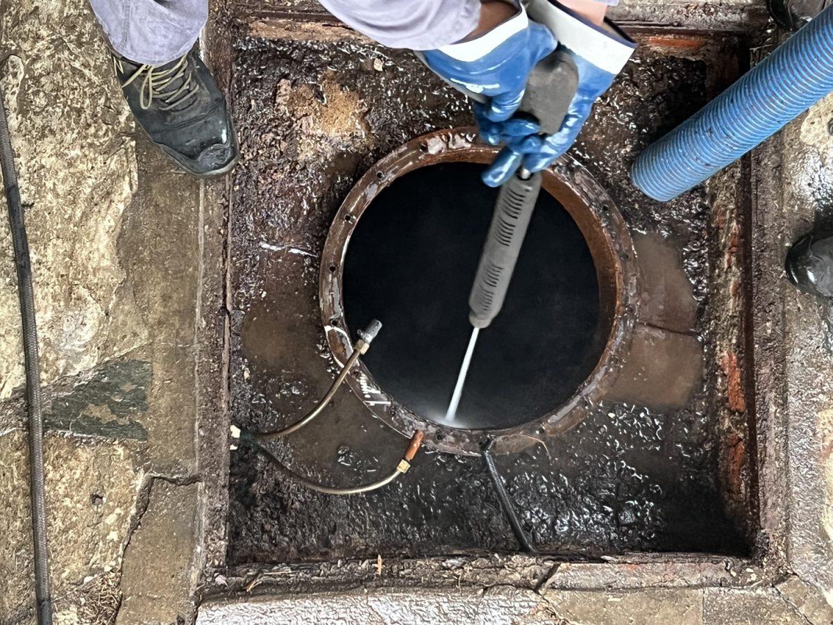 High pressure hydro jet cleaning in pipes to break off debris and leave the inside of a pipe clean.