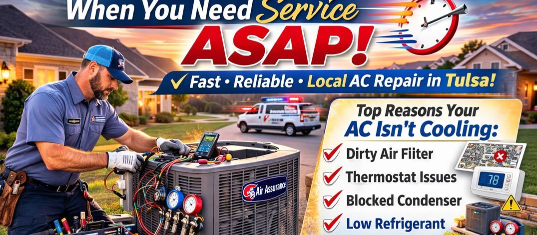 top HVAC companies in Tulsa technician performing air conditioning repair service in Tulsa Oklahoma home
