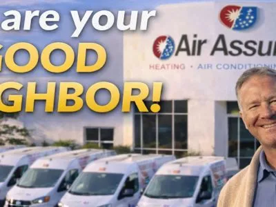 Air Assurance headquarters in Broken Arrow Oklahoma with service vans representing trusted good neighbor HVAC and plumbing service in Tulsa