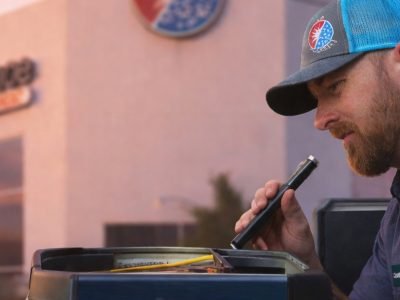Air Assurance HVAC technician inspecting AC unit in front of company building in Tulsa OK