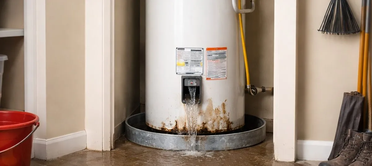 Water heater not producing hot water in Tulsa, OK inside a garage mechanical closet with visible leak around the storage tank