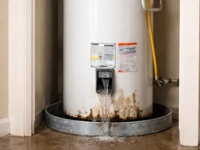 Water heater not producing hot water in Tulsa, OK inside a garage mechanical closet with visible leak around the storage tank